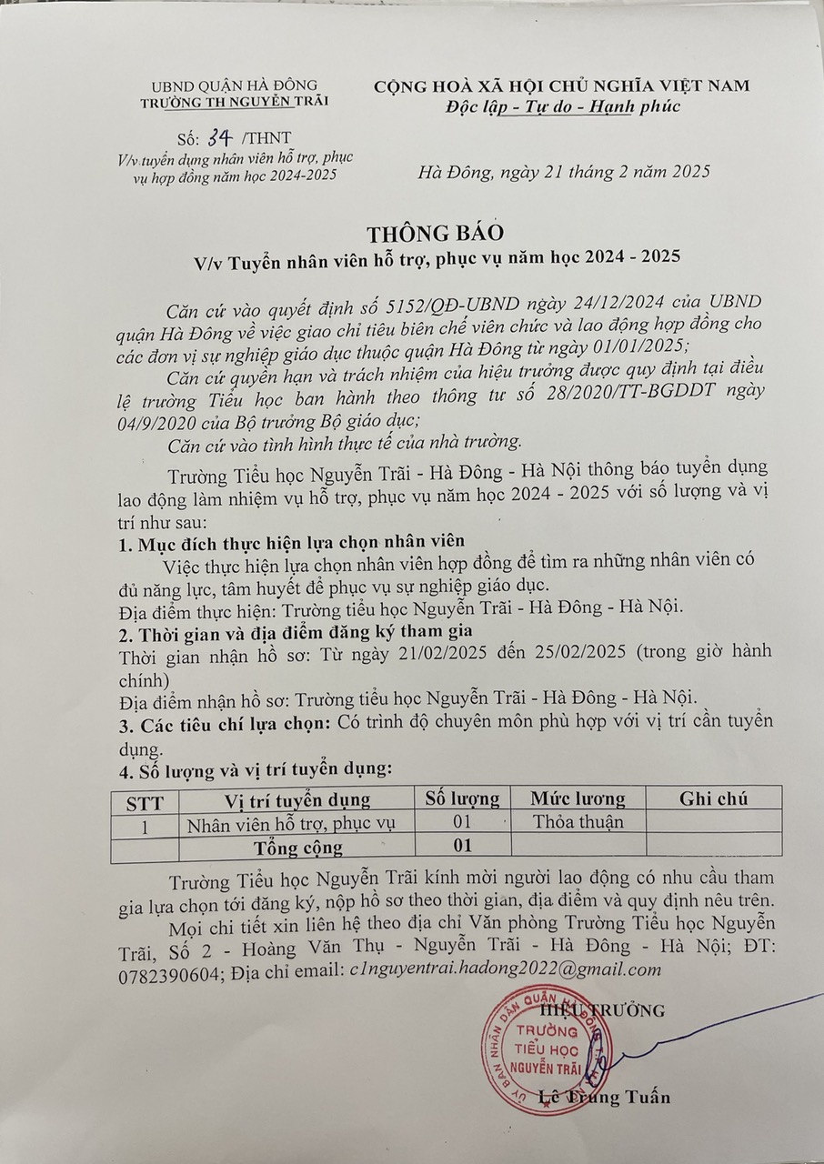 Tuyển dụng nhân viên hỗ trợ, phục vụ hợp đồng năm học 2024 - 2025