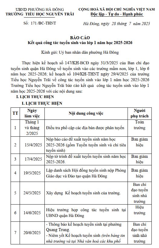 Báo cáo kết quả công tác tuyển sinh vào lớp 1 năm học 2025 - 2026