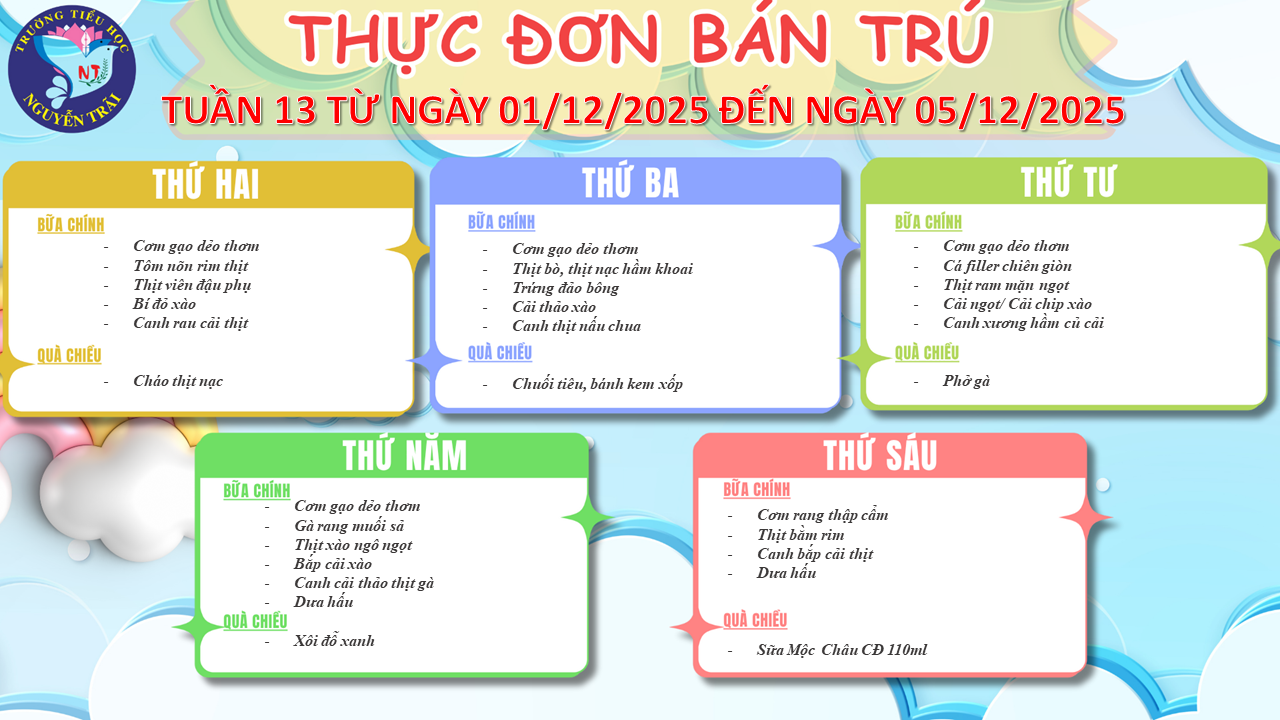 Thực đơn bán trú tuần 13 năm học 2025 - 2026