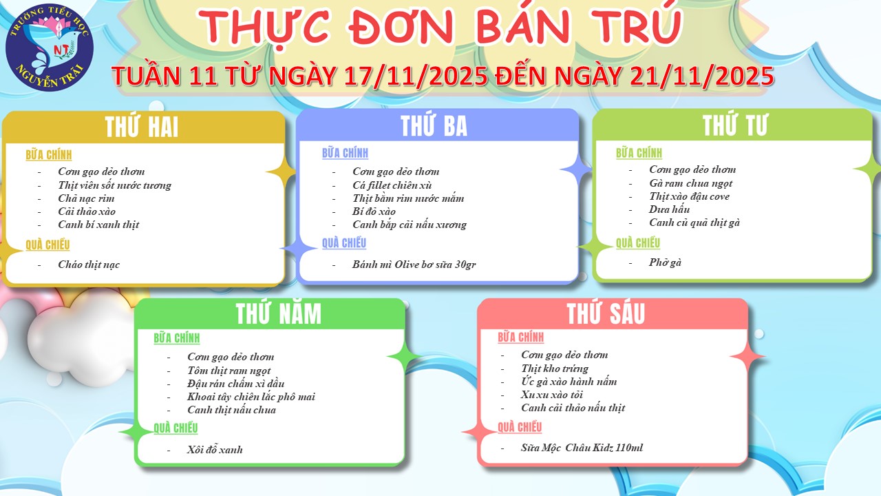 Thực đơn bán trú tuần 11 năm học 2025 - 2026
