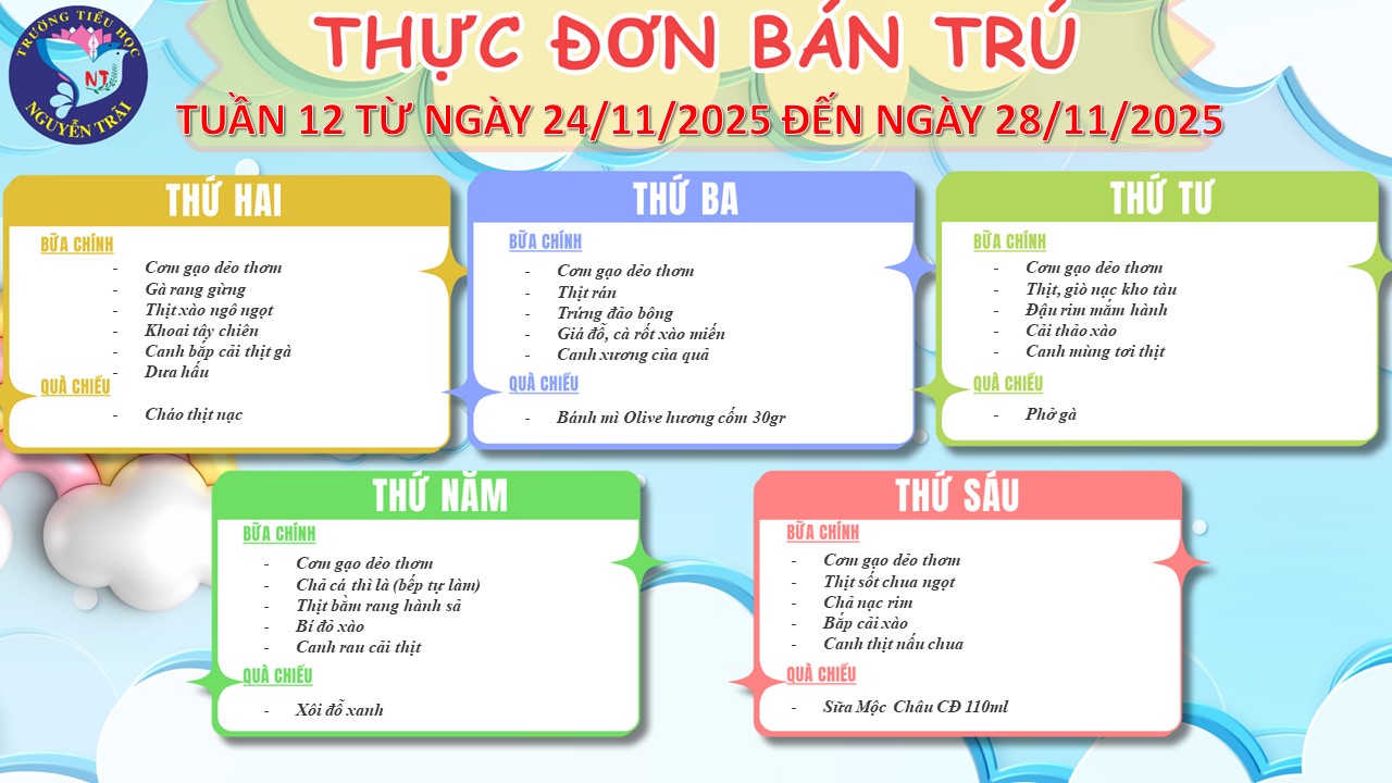Thực đơn bán trú tuần 12 năm học 2025 - 2026
