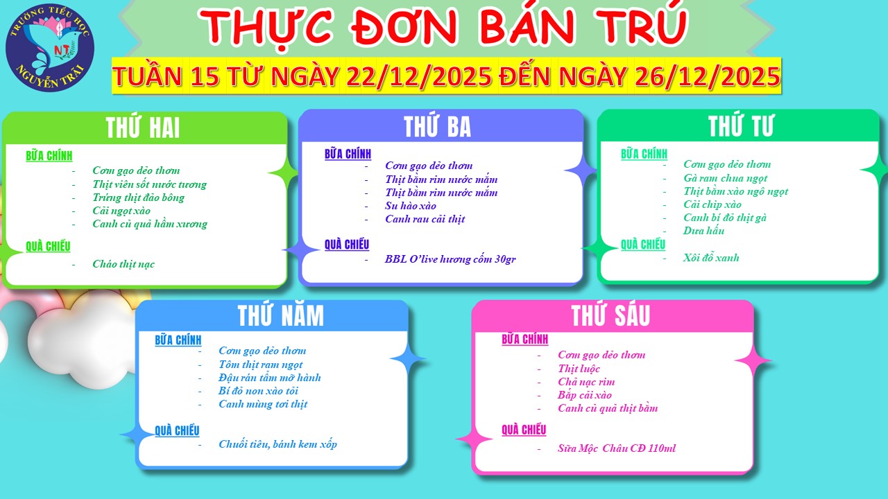 Thực đơn bán trú tuần 15 năm học 2025 - 2026