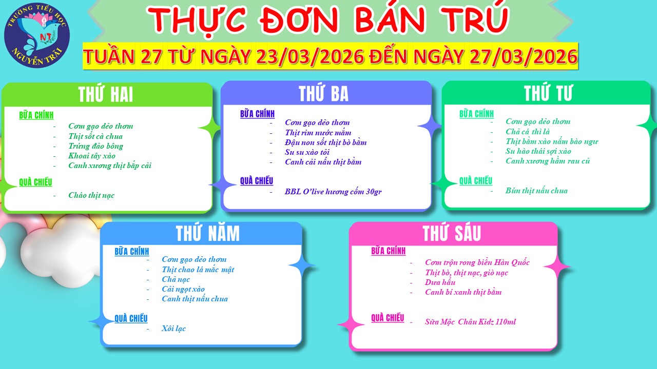 Thực đơn bán trú tuần 27 năm học 2025 - 2026