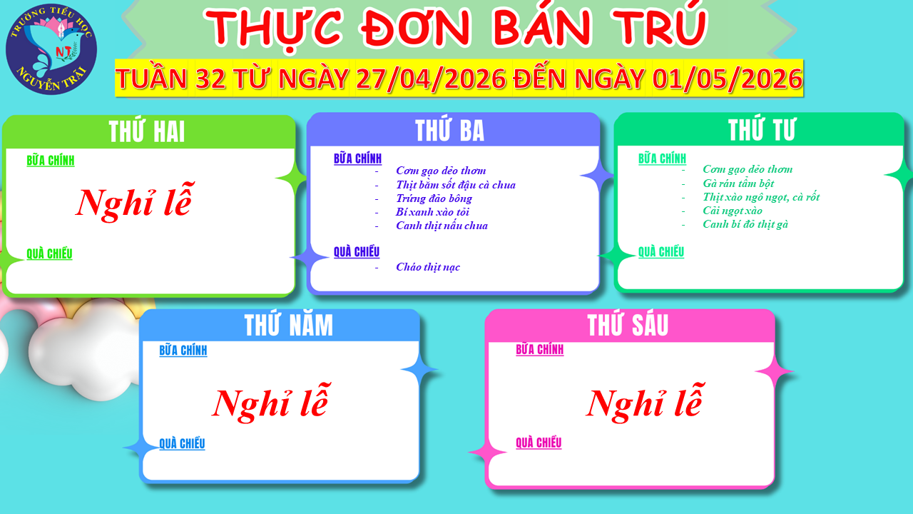 Thực đơn bán trú tuần 32 năm học 2025 - 2026