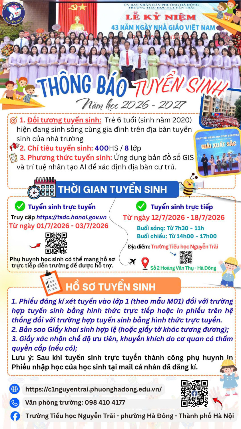📢 TRƯỜNG TH NGUYỄN TRÃI THÔNG BÁO TUYỂN SINH LỚP 1 NĂM HỌC 2026 – 2027 🌟