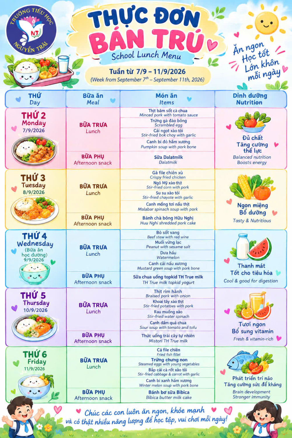 🥦🍤 THỰC ĐƠN TUẦN 1 – NĂNG LƯỢNG CHO NHỮNG NGÀY HỌC THẬT VUI!🫑🍗