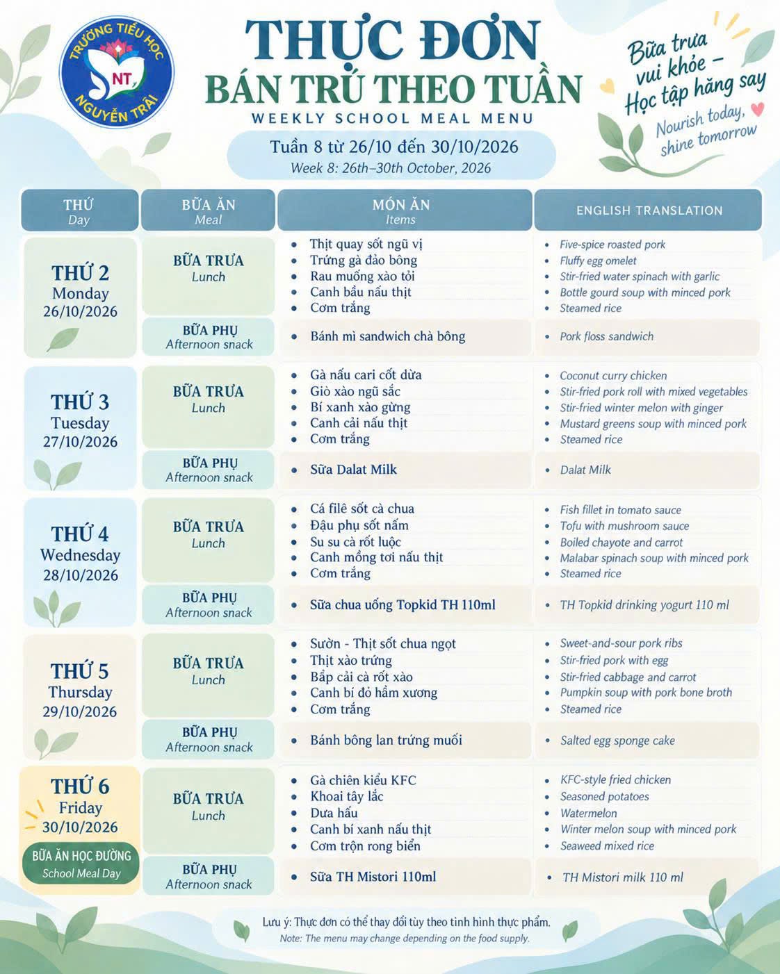 🌿 DINH DƯỠNG MỖI NGÀY – NIỀM VUI ĐẾN TRƯỜNG 💚 HEALTHY MEALS, HAPPY SCHOOL DAYS